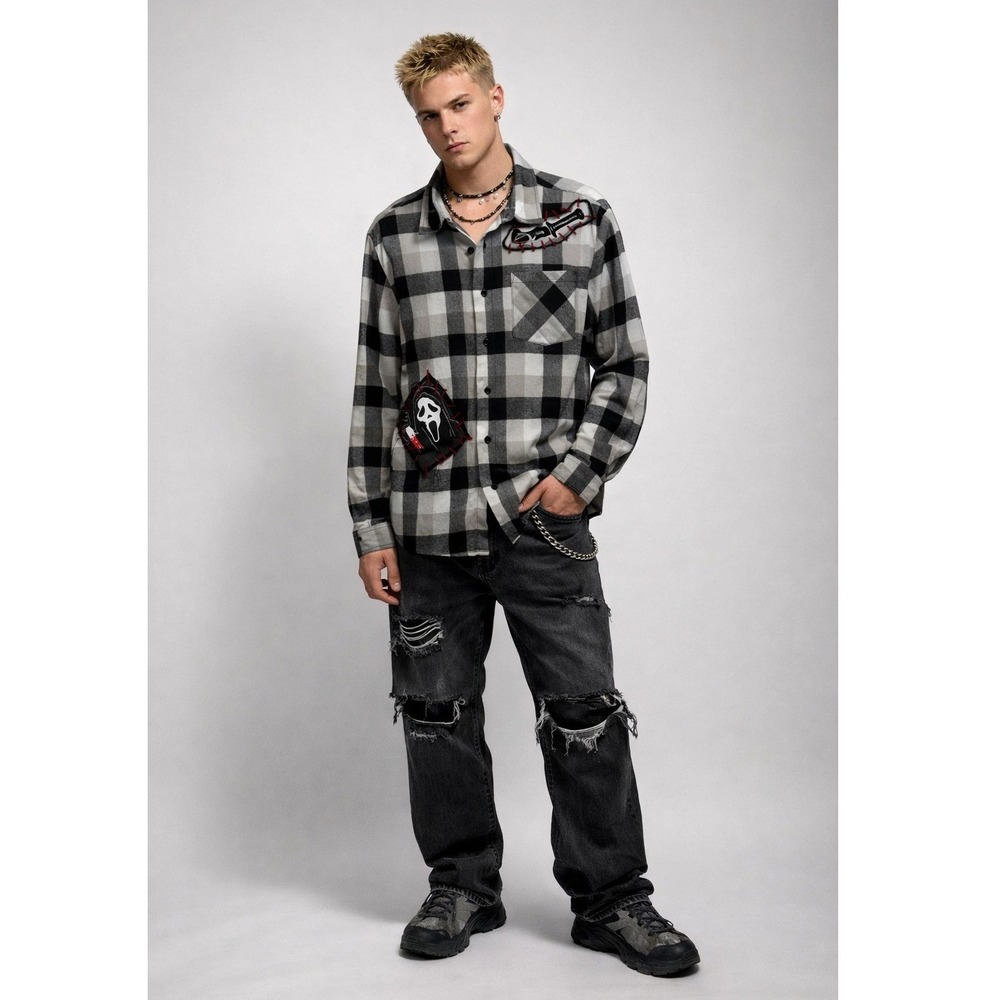 NWOT Ghost Face Scream Horror Movie Plaid Flannel Shirt Mens M Black White New